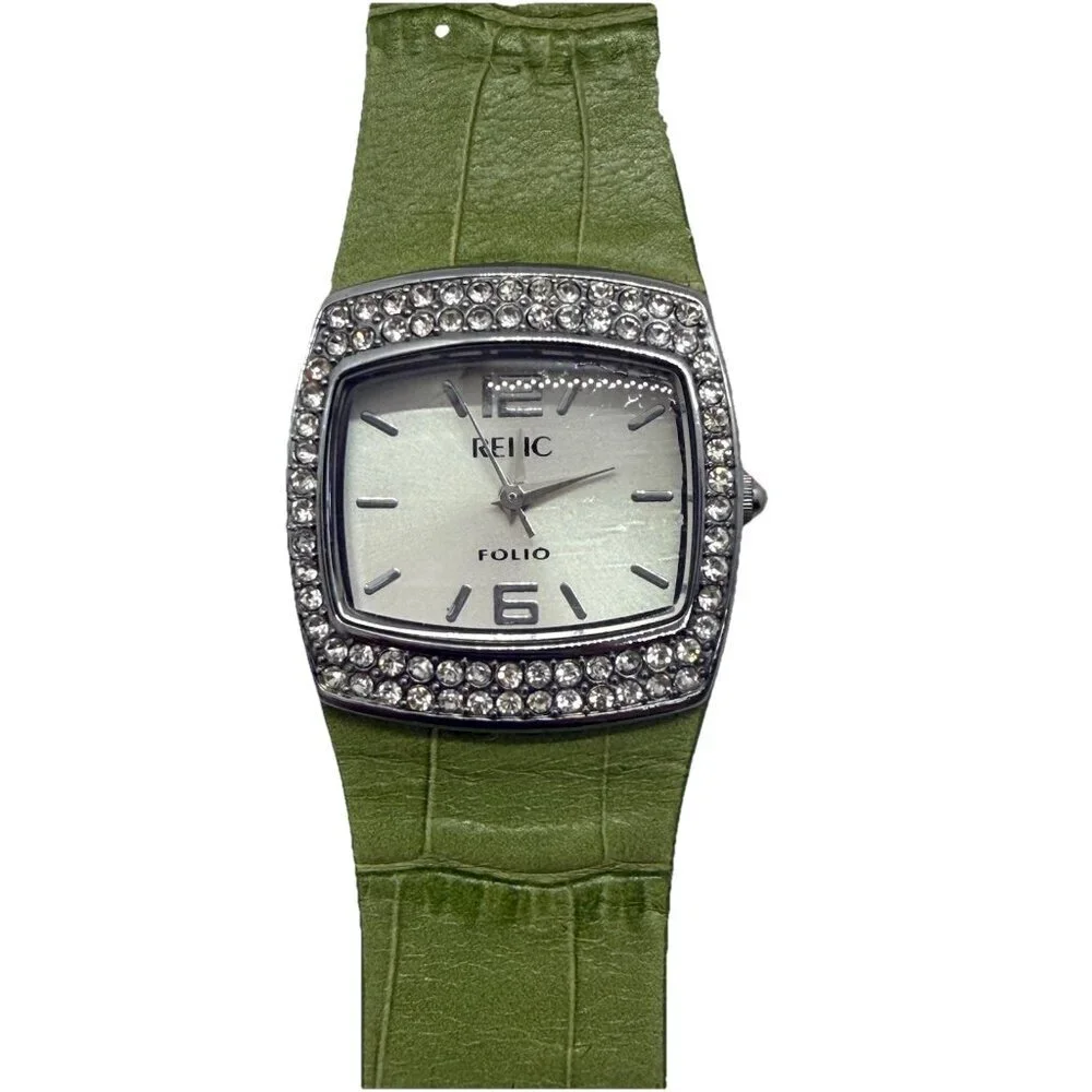 Relic Folio Women's Watch ZR33565 Green Leather Band Crystal Accent Bezel